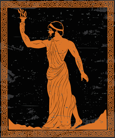 Ancient Greek hero Prometheus in a tunic with a fiery torch in his hand.