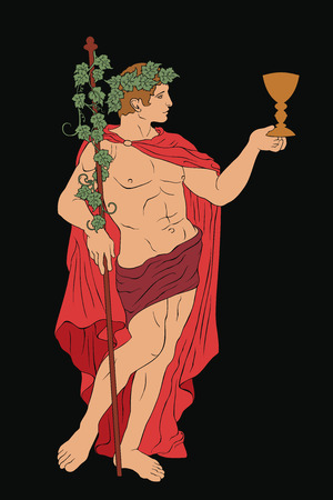 The ancient Greek god Dionysus with a glass and a rod. Vector image isolated on black background.のイラスト素材