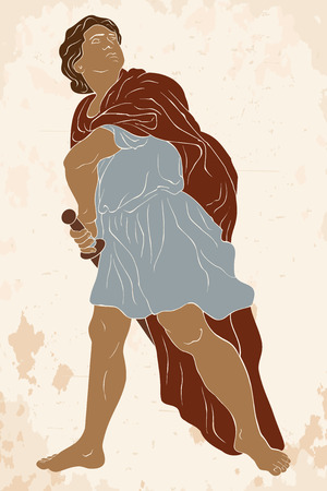 Ancient Greek warrior Achilles with a sword in his hands is ready to attack. Vector illustration on beige background.のイラスト素材