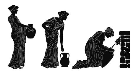 An ancient Greek woman sits near a stone parapet fills water in a jug. Two women are standing in line. Vector image isolated on white background.のイラスト素材