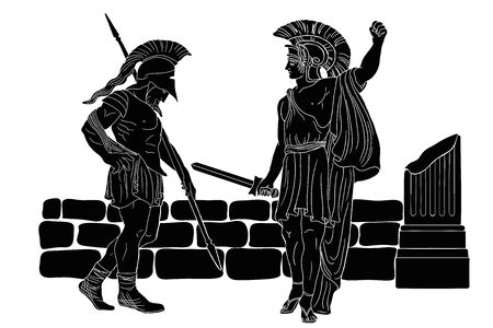 Two ancient Greek warriors with weapons in their hands near a stone parapet.のイラスト素材