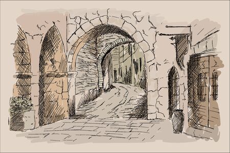 Street of the ancient city with stone houses and an arch.のイラスト素材