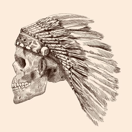 Human skull of an Indian chief with a crown of eagle feathers. Hand drawing isolated on a beige background.のイラスト素材