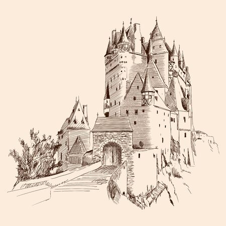 Medieval stone castle with towers on the rocks.のイラスト素材