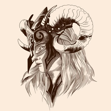 Portrait of a young beautiful viking girl with a helmet on her head with horns of aries.のイラスト素材