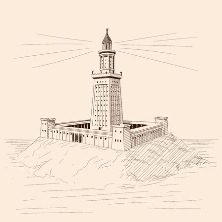 Alexandrian lighthouse shines on the stone shore. Vector sketch wonder of the world.のイラスト素材