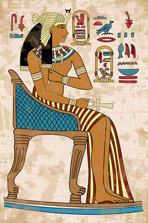 Ancient Egyptian papyrus depicting a young woman sitting on a throne and holding a scepter in her hands. Hieroglyphs signs and symbols on the wall.の写真素材