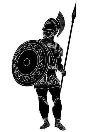 Ancient Roman warrior with a spear and shield in his hands is standing and looking away. Vector illustration isolated on white background.のイラスト素材