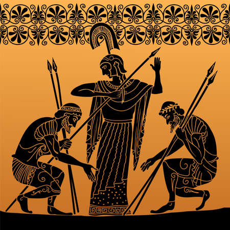 Ancient Greek painting on the dishes. Two warriors in armor with spears in their hands bowed before a woman in a tunic.のイラスト素材