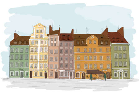 An old European city with colorful multi-story buildings. Many windows overlooking the street.のイラスト素材