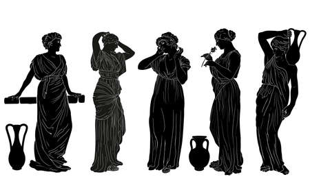 The figure of a young slender woman in a tunic in the ancient Greek style. Set of isolated images on a white background.のイラスト素材
