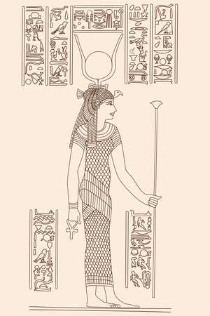 Ancient Egyptian papyrus depicting a young woman holding a scepter in her hands. Hieroglyphs signs and symbols on the wall.のイラスト素材