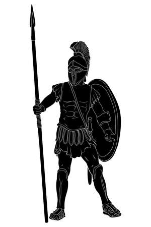 Ancient greek warrior in armor and a helmet with a weapon in hand stands ready for attack and defense isolated on white background.のイラスト素材