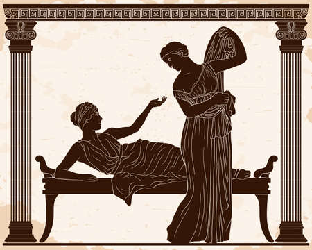 Two ancient Greek young women in the bedroom are in dialogue. Ancient painting.のイラスト素材