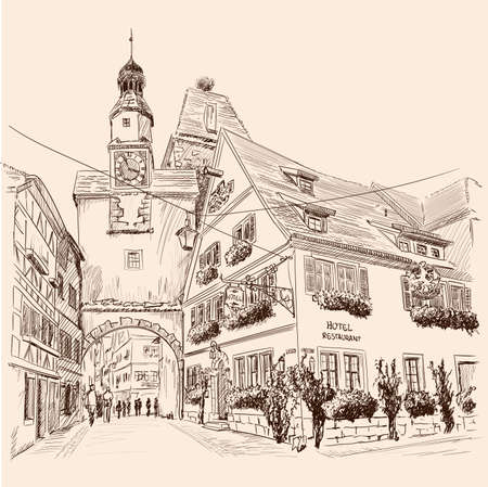 Sketch of the central street of a European city with multi-storey buildings and pedestrians.のイラスト素材