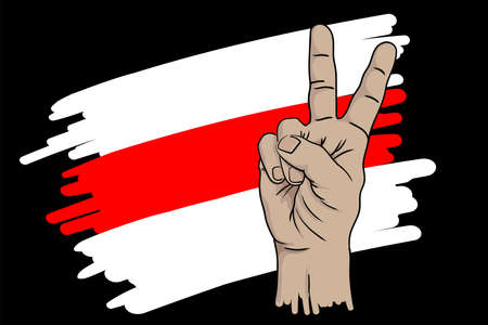 Hand demonstrating the gesture of victory against the background of the flag of the Belarusian opposition.のイラスト素材