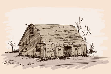 An old village cattle shed with open doors. Hand sketch on a beige background.のイラスト素材