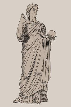 An ancient Greek young woman in a tunic and cape stands and holds a ball and a scroll in his hands.のイラスト素材