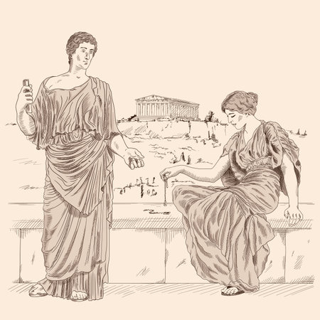 An ancient Greek poet recites poetry to a woman sitting on a stone parapet against the backdrop of the landscape of the city of Athens.のイラスト素材