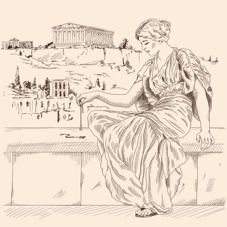 An ancient Greek woman in a tunic sitting on a stone parapet against the backdrop of the landscape of the city of Athens and holds a jewelry in her hand.のイラスト素材