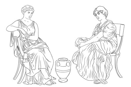 Two ancient Greek Woman sits on a chairs near a jug of wine. Figure isolated on white background.のイラスト素材