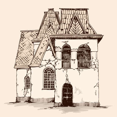 Hand sketch on a beige background. Old rustic stone house in Russian style with a wooden roof.のイラスト素材
