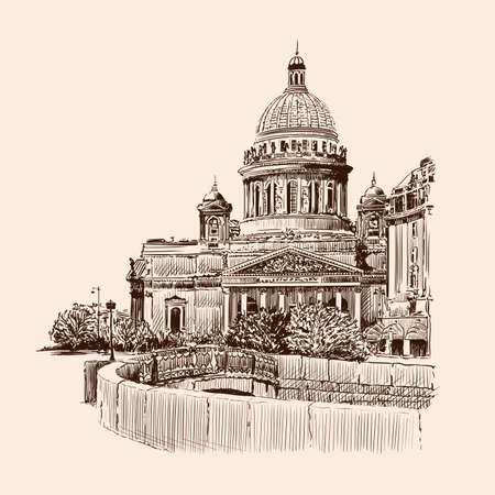 Street of St. Petersburg with a view of the temple, buildings in the classical style and the bridge across the river. Handmade sketch on a beige background.のイラスト素材