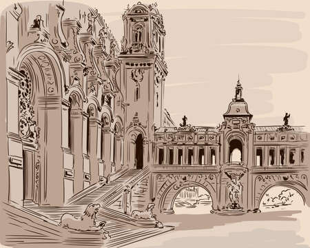 Hand sketch of a building facade in the classic Rococo style. Palace Square with arches and steps.のイラスト素材