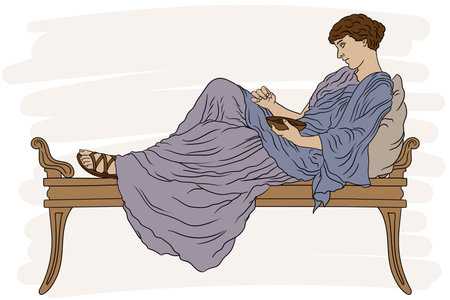 A young ancient Greek woman lies on the bed with pillow and eat fruit from the bowl.のイラスト素材