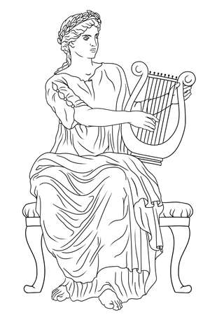 Ancient Greek woman goddess of art with a harp in her hand and a laurel wreath on her head.のイラスト素材