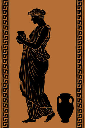 A young slender ancient Greek woman stands and holds a clay jug in her hands.のイラスト素材
