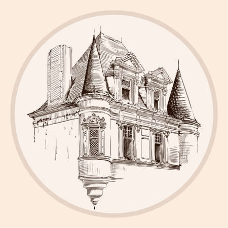 Hand sketch on a beige background.Old brick house with a tiled roof in European style.のイラスト素材