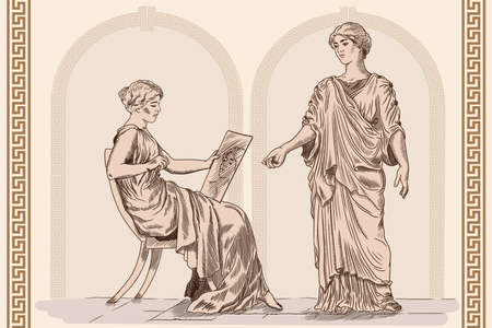 Two ancient Greek women talk to each other. A young slender woman in an ancient Greek tunic sitting on a chair and looking at his reflection in the mirror.のイラスト素材