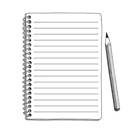 Open notebook with a spiral and a simple pencil. Close-up from above. Quick hand sketch.のイラスト素材