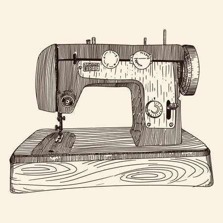 Antique hand sewing machine on a wooden base. A quick simple pencil sketch.のイラスト素材