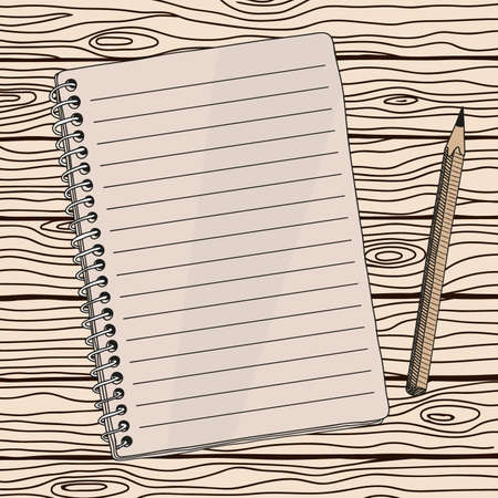 Open notebook with a spiral and a simple pencil. Close-up from above. Quick hand sketch.のイラスト素材