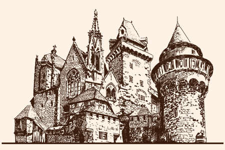 Medieval stone castle with towers. Fast linear sketch.のイラスト素材