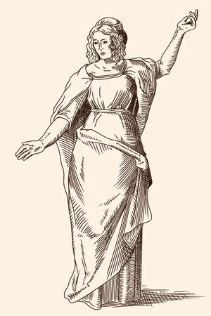 A young ancient Greek beautiful slender woman in a tunic stands and gestures. The figure is isolated on a beige background.のイラスト素材