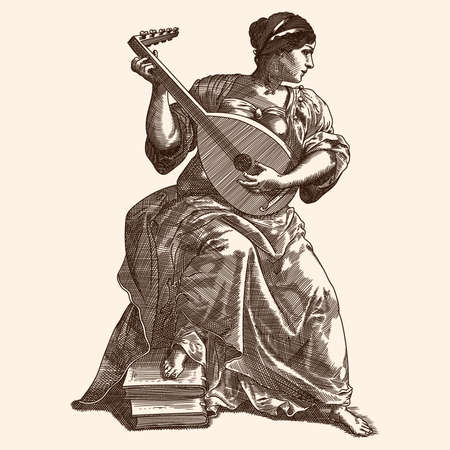 A young ancient Greek woman with a stringed musical instrument in her hands sits and plays. Medieval engraving.のイラスト素材