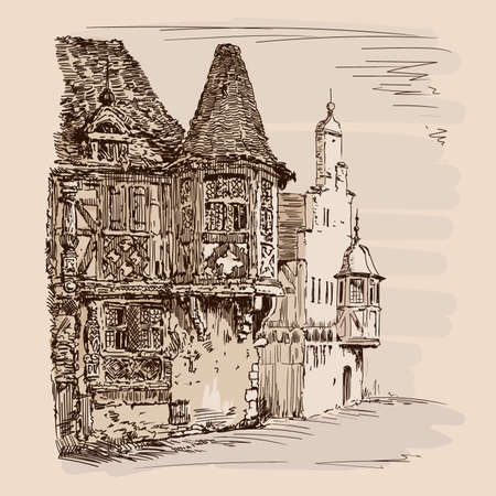 Hand sketch on a beige background. Old brick house with a tiled roof in European style.のイラスト素材