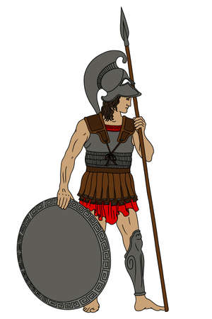 Ancient Greek warrior with a spears and shields in their hands. Figure isolated on white background.のイラスト素材