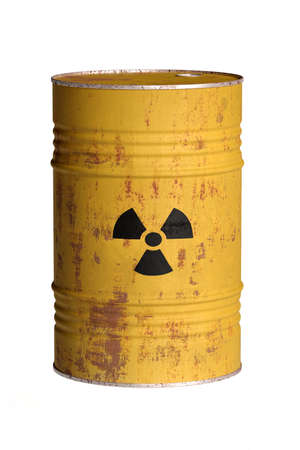 Yellow rusty steel barrel with environmentally hazardous radioactive waste isolated on white background. 3D illustrationの写真素材