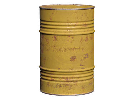 Yellow metal barrel for fuel, gasoline, diesel fuel isolated on a white background.の写真素材