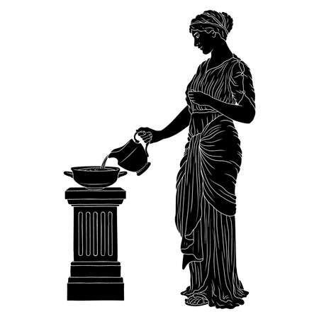 A young slender ancient Greek woman in tunic with a jug pouring water into a bowl. figure isolated on white background.のイラスト素材