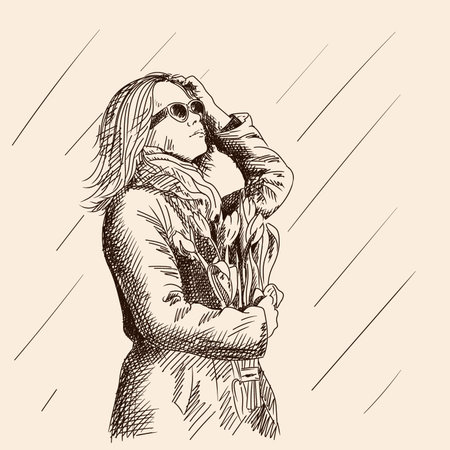 Sketchy freehand pencil drawing. A young girl with glasses and a pall holds a bouquet of tulip flowers and looks up.のイラスト素材