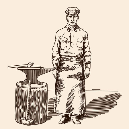 A blacksmith in a special uniform with an apron stands near an anvil with a hammer. Vintage engravingのイラスト素材