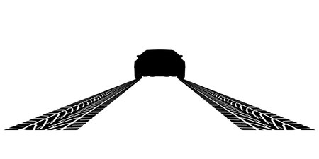 A light sports car drives away and leaves a trail of tire tread behind it. Black silhouette isolated on white background.のイラスト素材