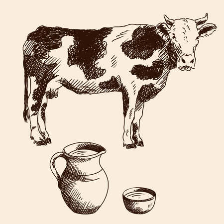 A quick freehand pencil sketch of a cow and a jug of milk and bowlのイラスト素材