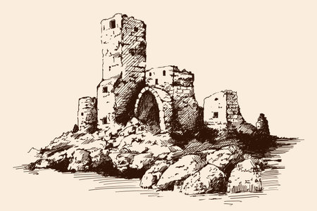 A quick pencil sketch of a medieval stone castle with towers and arches on a rocky seashore.のイラスト素材