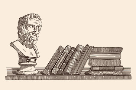 A bookshelf with a plaster statue of Homer and books lined up. Linear primitive drawing in a minimalist style.のイラスト素材